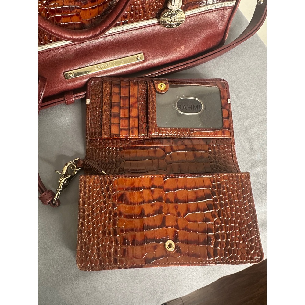 Brahmin Burgundy Brown Croc Embossed Leather Satchel Handbag and Wallet Set - Picture 6 of 16